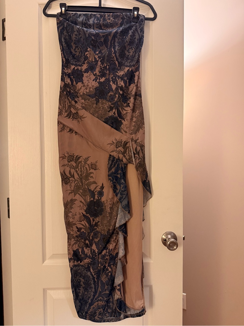 Windsor Strapless High-Low Floral Jacquard Dress in Taupe and Navy